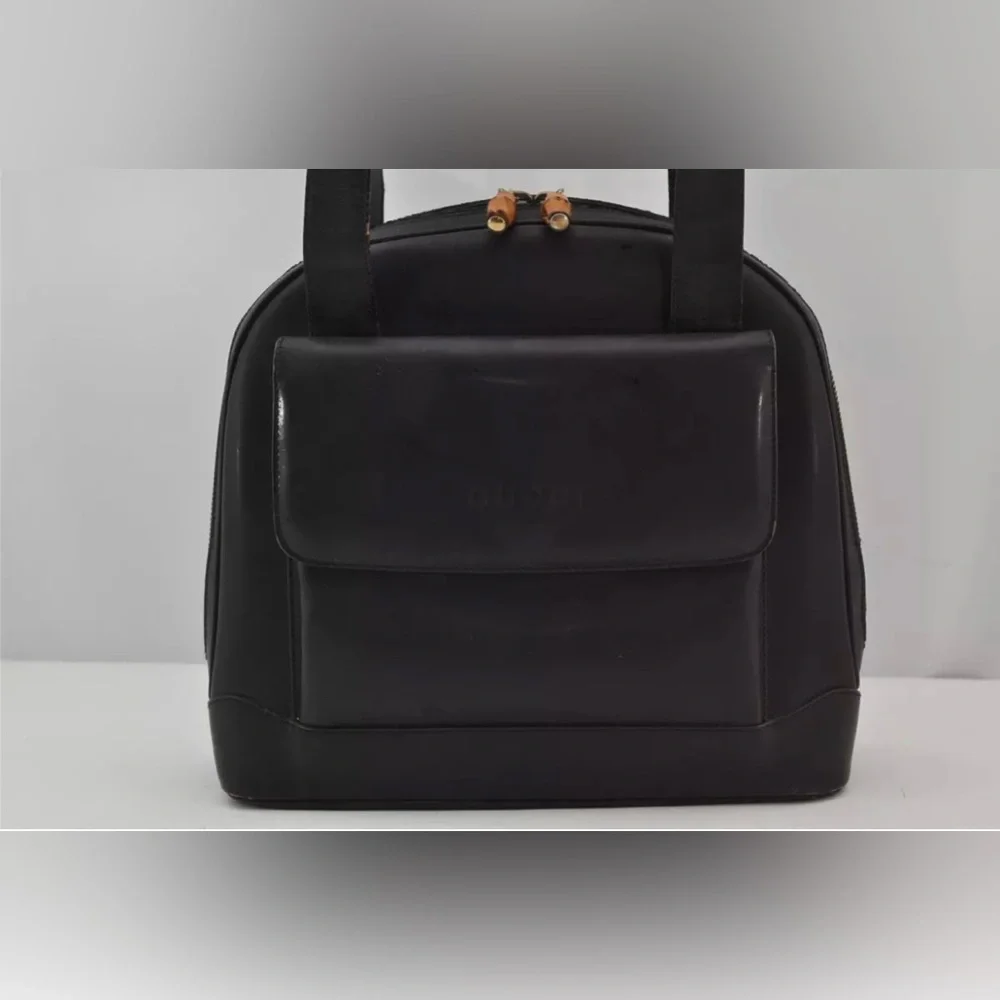 Authentic GUCCI Vintage Bamboo Shoulder Bag Purse Leather Black - Picture 2 of 15